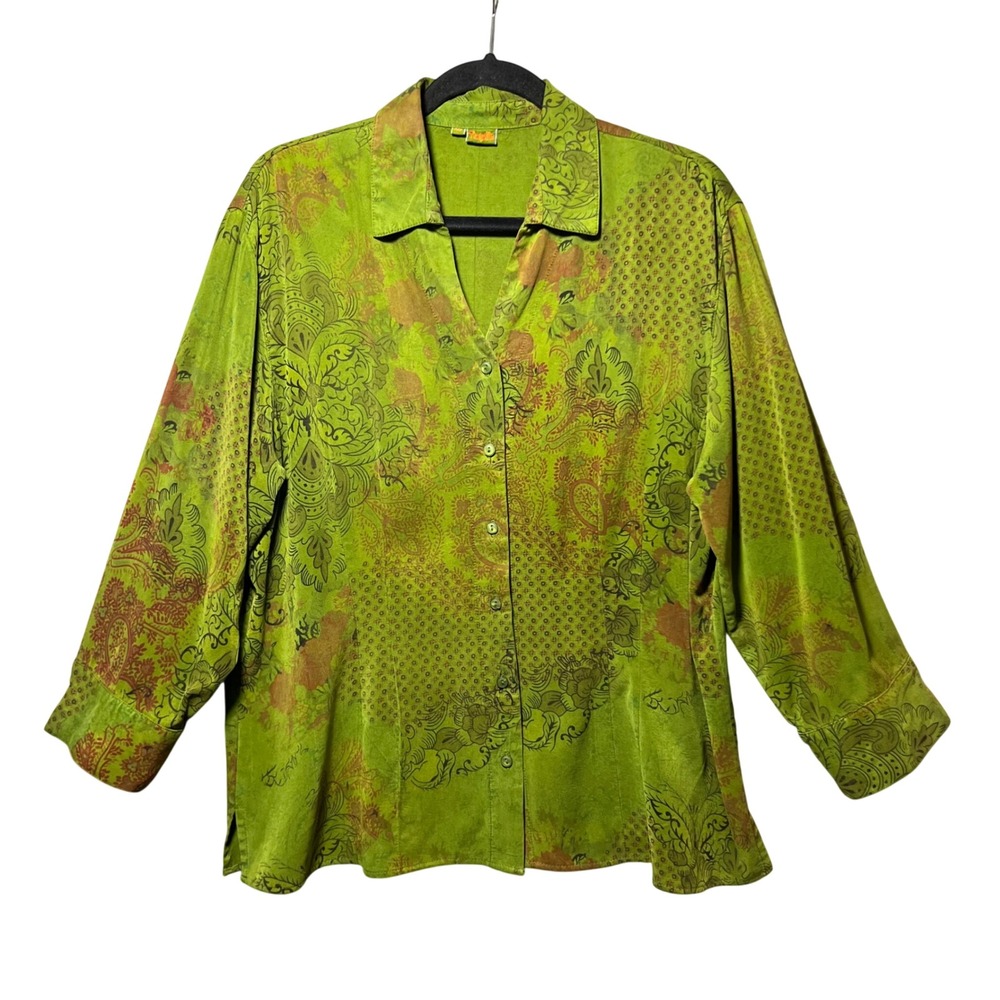 Tianello Top Suzy Blouse Green Paisley Button Front Tencel Rayon Plus Size 0X